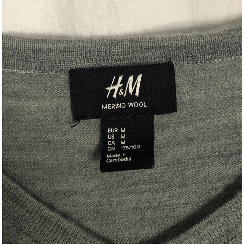 H&M Merino Wool Sweater Men's Size M Gray Lightweight Longsleeve V Neck - Picture 3 of 7
